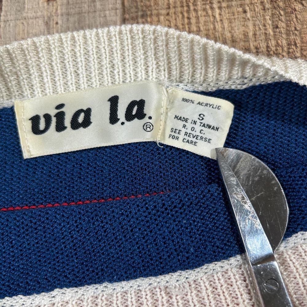 Vintage Via LA Sweater Small Striped Colorblock Boat Neck 80s Made Taiwan - Picture 5 of 6